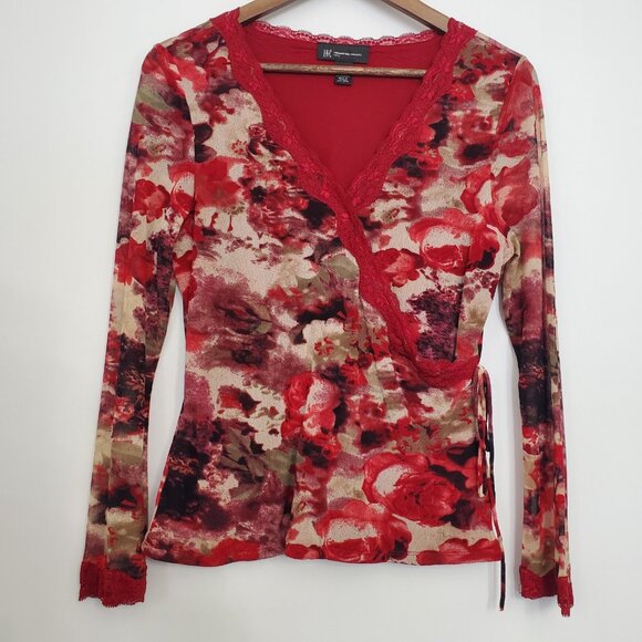 INC Womens Red Floral Lace Trim Side Tie Blouse Size M V Neck Whimsigoth Y2K - Picture 1 of 8
